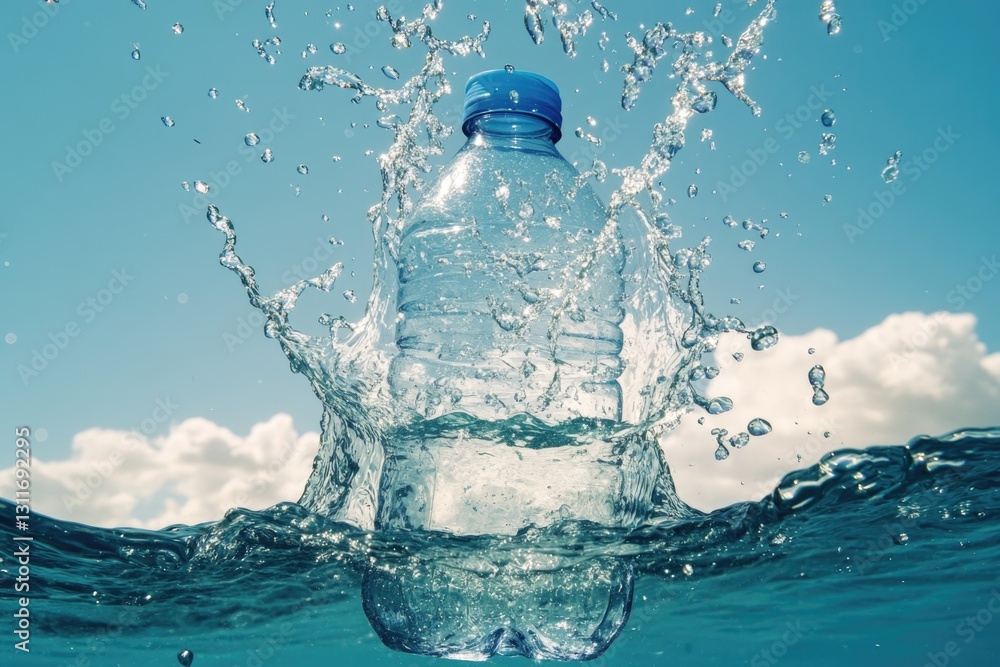 A clear plastic water bottle floating on surface of blue ocean, with drops of water falling from it, indicating concern for marine life and environmental impact. A clear plastic water bottle floating on surface of blue ocean, with drops of water falling from it, indicating concern for marine life and environmental impact.