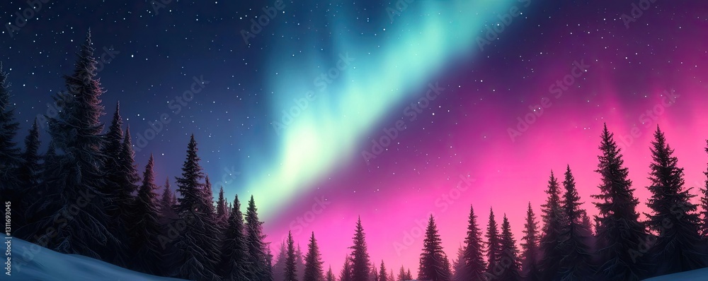 Fototapeta premium Aurora borealis northern lights idea. Vibrant northern lights illuminate a snowy forest under a starry night sky.