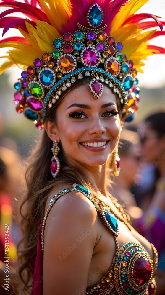 A woman wears a colorful carnival costume with gemstone details and a feathered headdress. A blurred crowd in the background suggests a festive event. A woman wears a colorful carnival costume with gemstone details and a feathered headdress. A blurred crowd in the background suggests a festive event.