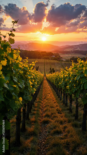 Ein atemberaubender Sonnenuntergang über malerischen Weinbergen – ideal für Weintourismus-Werbung, Reisebroschüren und romantische Anlässe. photo