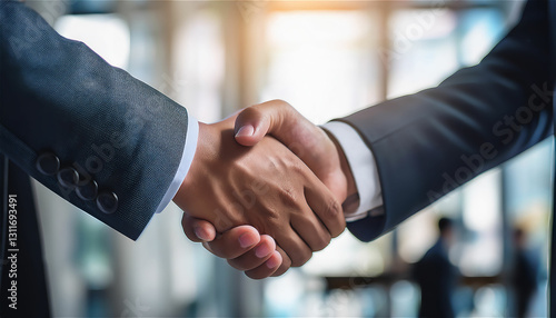A photo highlighting a business handshake in the background of the office