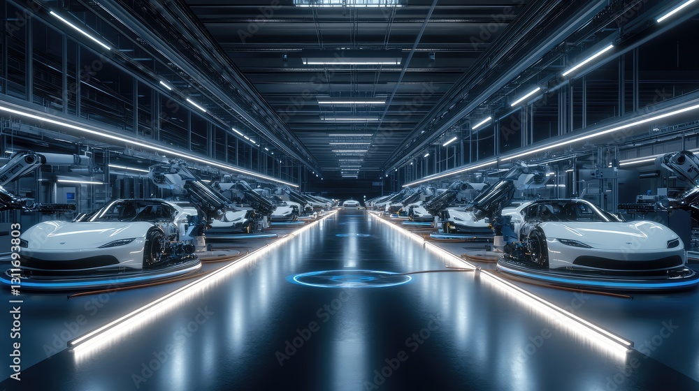 Car manufacturing assembly line, robotic arms installing parts in a clean, high-tech factory. Car manufacturing assembly line, robotic arms installing parts in a clean, high-tech factory.