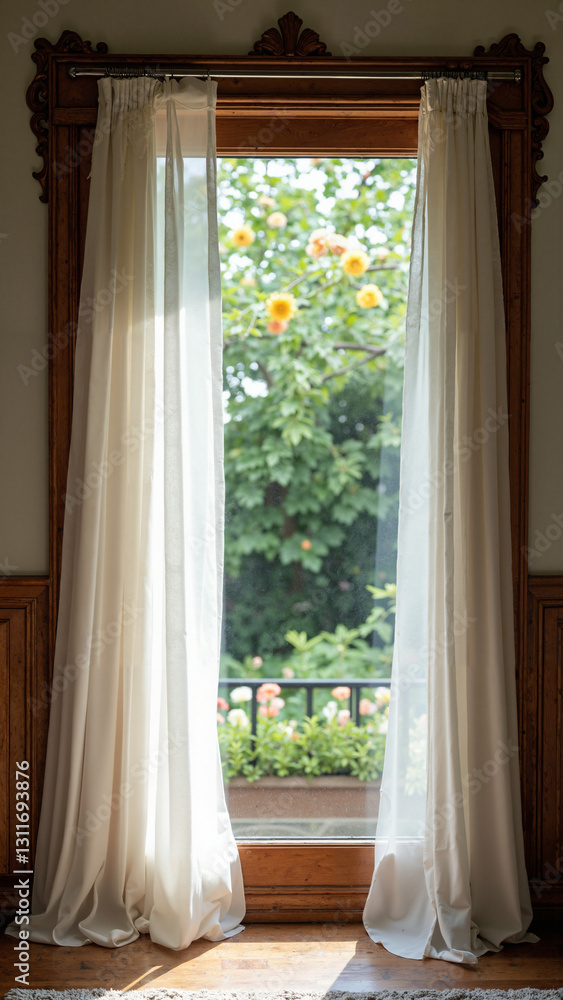 Elegant Window with Sheer Curtains Illuminating a Cozy Room - Ideal for Home Décor, Interior Design, and Lifestyle Marketing Elegant Window with Sheer Curtains Illuminating a Cozy Room - Ideal for Home Décor, Interior Design, and Lifestyle Marketing