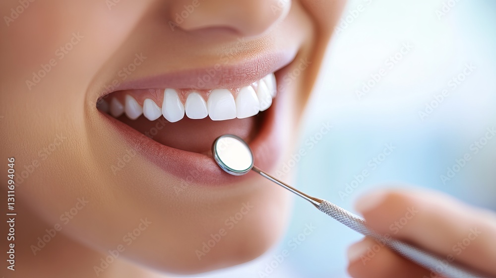 Obraz premium Oral Health – A Bright Smile and Healthy Teeth A clean, modern dental office with a bright and welcoming atmosphere. In the foreground, a person is sitting in a dental chair, smiling with a sparklin