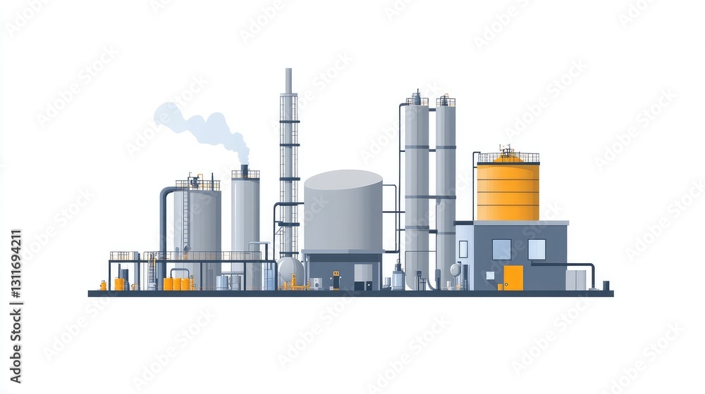 Fototapeta premium Chemical manufacturing plant with metal tanks, pipes, and safety valves, industrial chemistry concept.