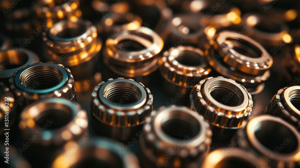 Close-up of ball bearings and metal components, neatly arranged on an industrial surface. Close-up of ball bearings and metal components, neatly arranged on an industrial surface.