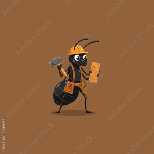 Cartoon Ant Holding Hammer and Wood Wearing Hard Hat Ready
