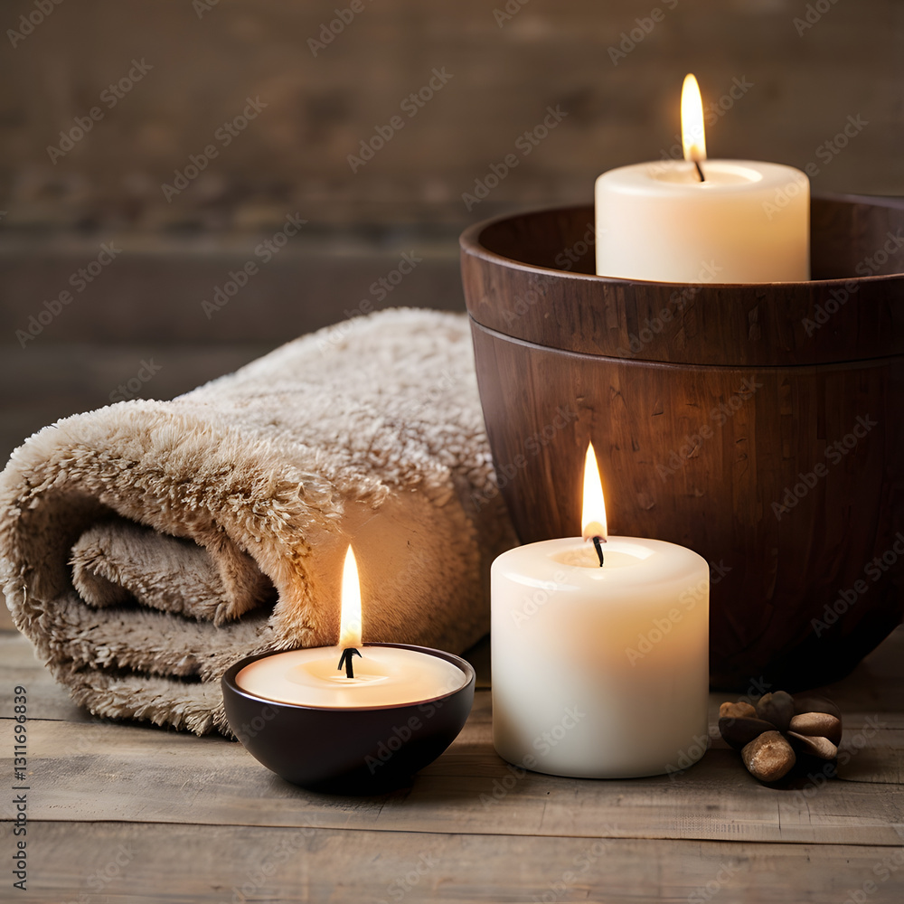 Serene Spa Scene: Softly lit candles casting a warm glow over rolled towels and wooden bowls, evoking relaxation and tranquility in a spa setting. Serene Spa Scene: Softly lit candles casting a warm glow over rolled towels and wooden bowls, evoking relaxation and tranquility in a spa setting.