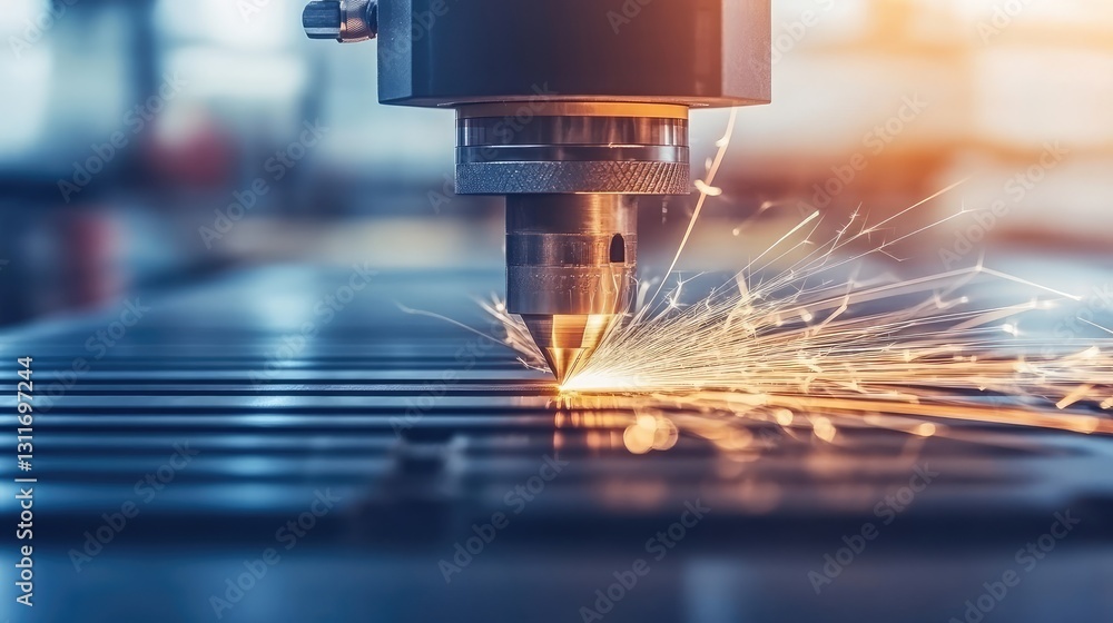 CNC milling machine carving a metal surface with precision, sparks flying, and a blurred industrial background for copy space. CNC milling machine carving a metal surface with precision, sparks flying, and a blurred industrial background for copy space.