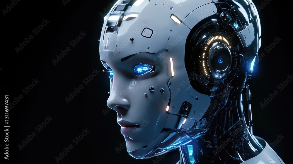 Cybernetic machinery with glowing circuits and metal components, creating a futuristic technology concept with ample copy space. Cybernetic machinery with glowing circuits and metal components, creating a futuristic technology concept with ample copy space.