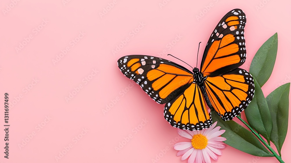 Fototapeta premium Pixel Art Orange Butterfly on Pink Background with Flower