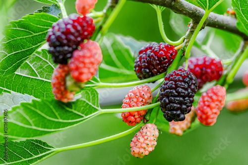 Konstfotografi Fresh mulberry, green and red mulberries on the branch of tree