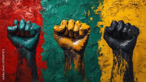 Symbolic Representation of Unity and Strength Through Colorful Raised Fists on a Wall Mural
