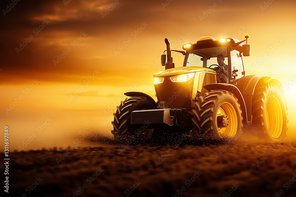 A tractor efficiently works the field, leaving fresh soil in its wake. Sunlight pierces through a dust cloud, creating a dynamic interplay of light and shadow during the enchanting golden hour A tractor efficiently works the field, leaving fresh soil in its wake. Sunlight pierces through a dust cloud, creating a dynamic interplay of light and shadow during the enchanting golden hour