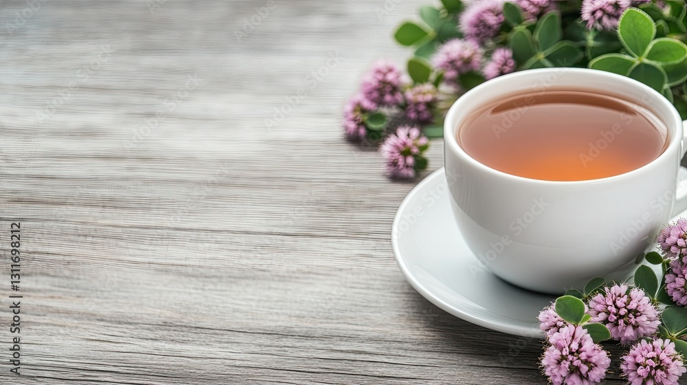 Closeup of herbal tea with clover floating on top, placed on wooden surface, highlighting a traditional Indian drink for wellness Closeup of herbal tea with clover floating on top, placed on wooden surface, highlighting a traditional Indian drink for wellness