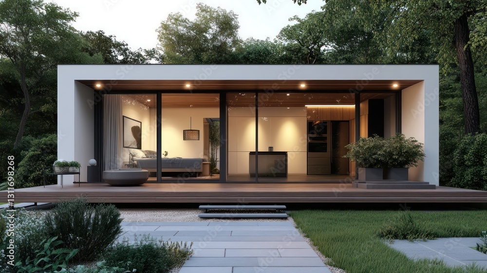 Fototapeta premium Modern Tiny House Exterior Evening Scene