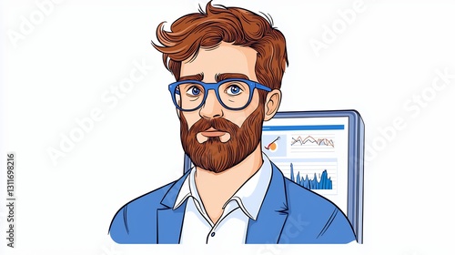 Pixel Art Portrait Thoughtful Bearded Man in Blue Suit Reviewing Data Charts