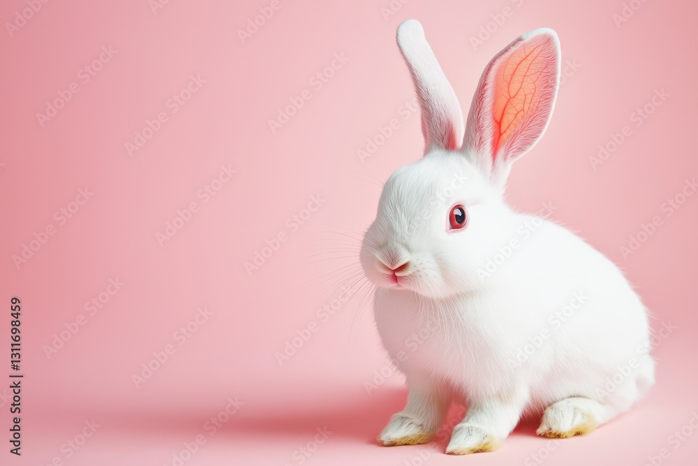 Whimsical Easter scene with a playful white bunny on pink. Whimsical Easter scene with a playful white bunny on pink.