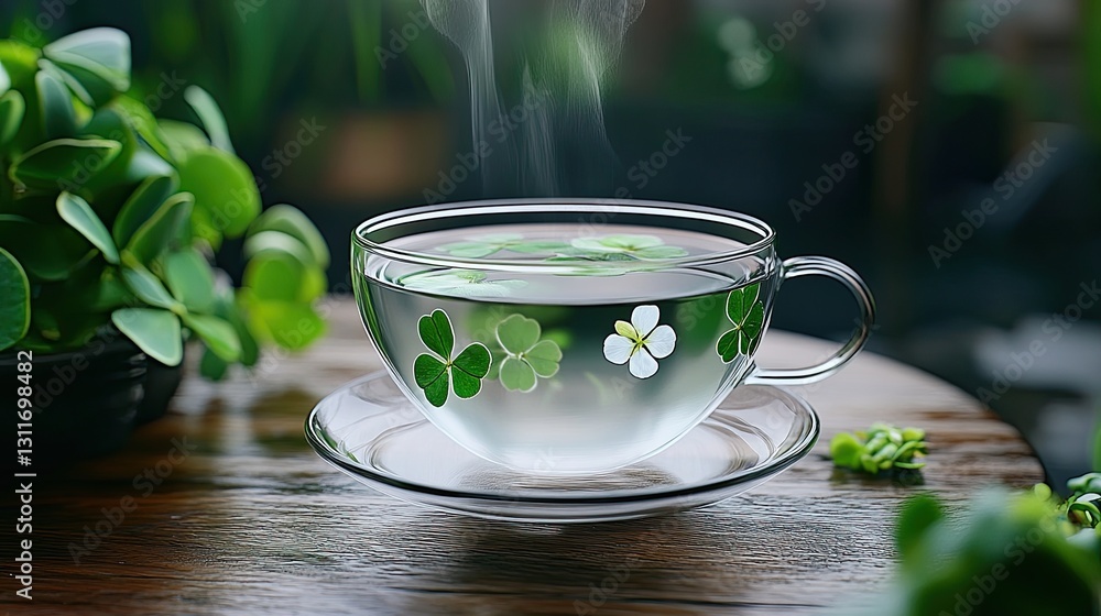 Closeup of herbal tea with clover floating on top, placed on wooden surface, highlighting a traditional Indian drink for wellness Closeup of herbal tea with clover floating on top, placed on wooden surface, highlighting a traditional Indian drink for wellness
