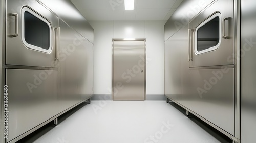 Wideangle view of a pharmaceutical cleanroom, with stainless steel surfaces, laminar flow cabinets, and precise temperature control systems