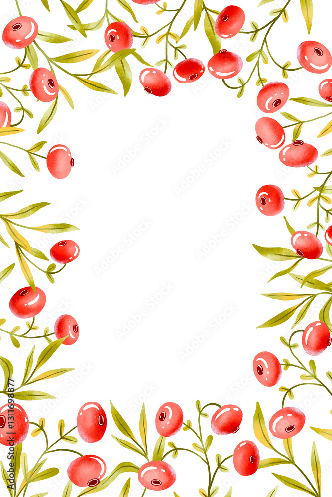 Fototapeta premium Vertical Border frame botanical composition with red berries and green leaves. Spring decor hand drawn illustration on isolated background