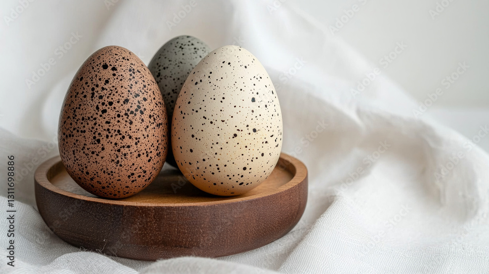 Three speckled eggs on wooden plate with neutral fabric background Three speckled eggs on wooden plate with neutral fabric background