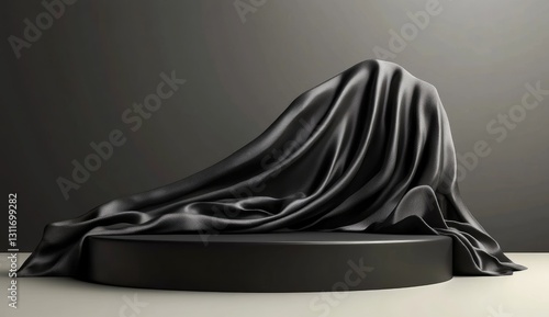 Black podium background with silk fabric, empty platform for product presentation on a black background.