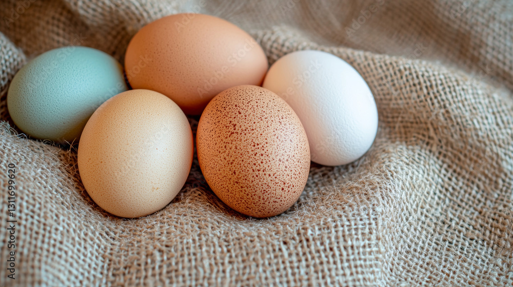 Farm eggs in earthy tones on burlap, showcasing natural variety Farm eggs in earthy tones on burlap, showcasing natural variety