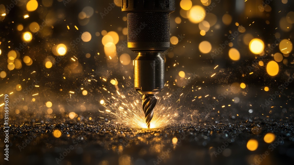 High-speed close-up of a machine drill cutting through metal, with sparks flying, and an isolated background with space for text. High-speed close-up of a machine drill cutting through metal, with sparks flying, and an isolated background with space for text.