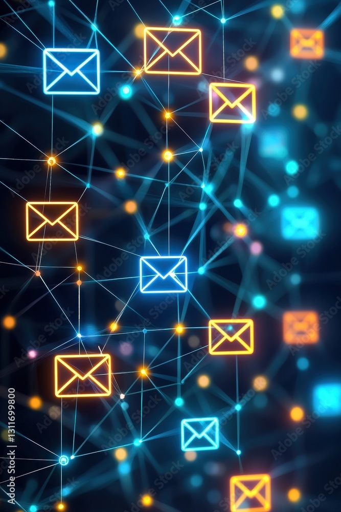 The evolution of communication shown by holographic mail icons replacing traditional envelopes. The evolution of communication shown by holographic mail icons replacing traditional envelopes.
