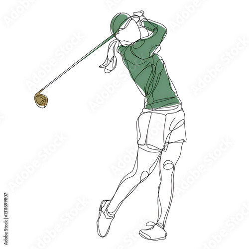 A pencil drawing of a golfer swinging. The swing motion is expressed clearly and smoothly. Pencil sketch.