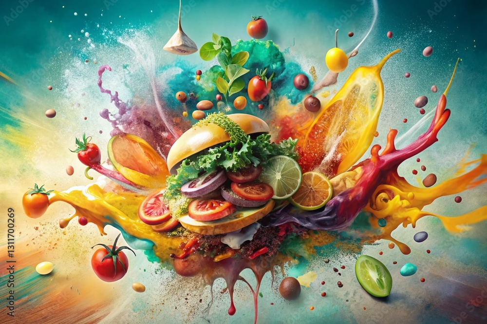 Vibrant Double Exposure: Painted Food Illustration with Drip Texture Background Vibrant Double Exposure: Painted Food Illustration with Drip Texture Background