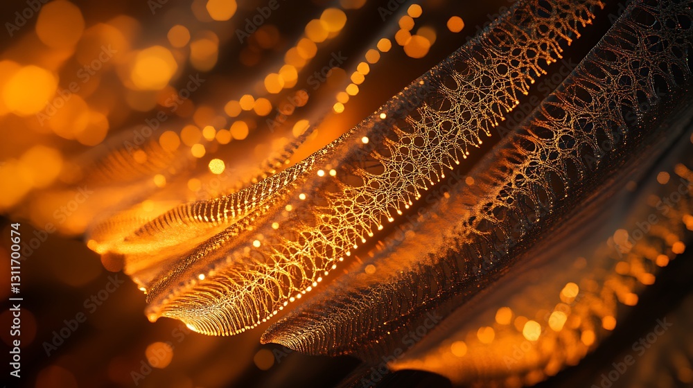 Obraz premium Abstract golden swirls with intricate patterns and bokeh lights.