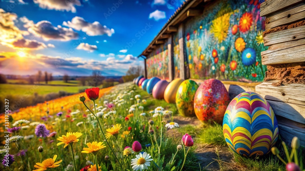 Fototapeta premium Vibrant Easter Egg Graffiti Landscape - Spring Holiday Background