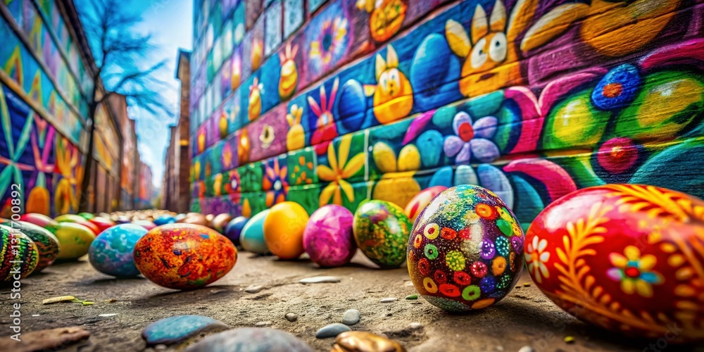 Fototapeta premium Vibrant Easter Egg Graffiti Wall Texture - High Resolution Stock Photo