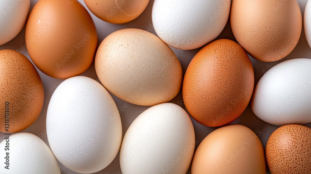 variety of brown and white eggs arranged closely together, showcasing their textures variety of brown and white eggs arranged closely together, showcasing their textures