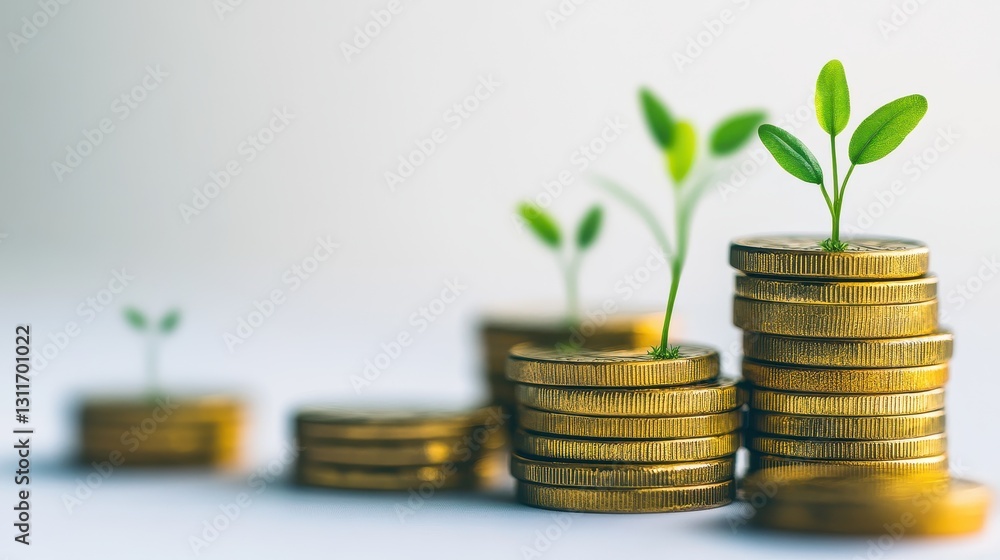 A conceptual image of financial growth featuring stacked gold coins with small green plants sprouting, set against a clean white background, symbolizing smart investment and wealth accumulation. A conceptual image of financial growth featuring stacked gold coins with small green plants sprouting, set against a clean white background, symbolizing smart investment and wealth accumulation.