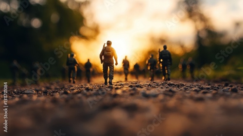Silhouette of Soldiers Walking at Sunset Military Figures War Concept Dramatic Backlit Scene