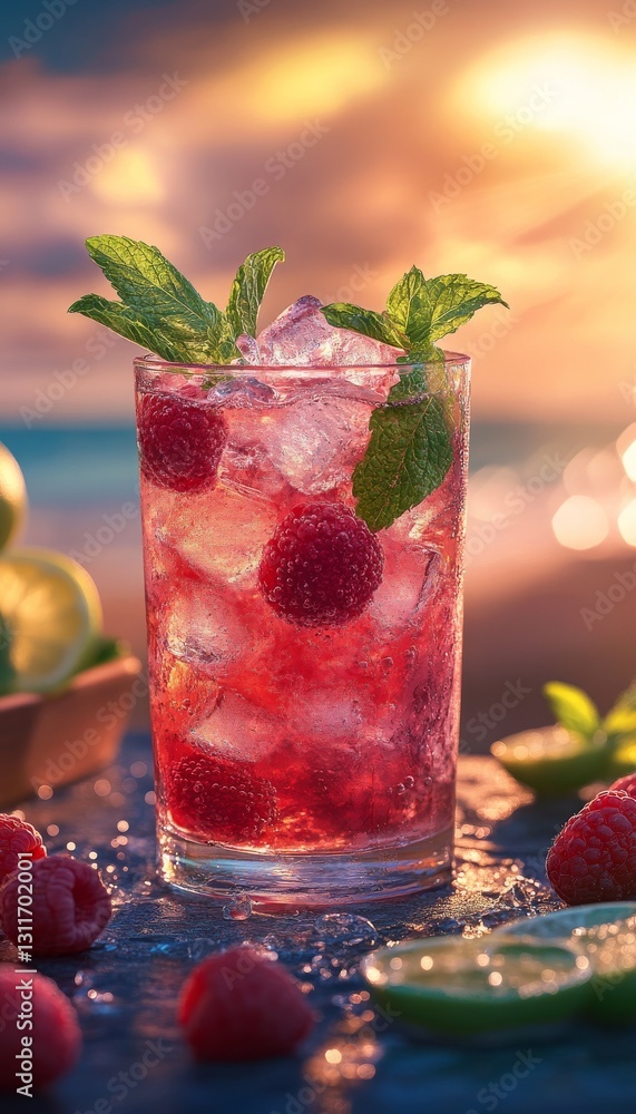raspberry artisan mojito in a glass on the beach