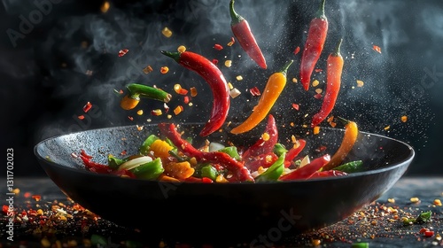 Chili Peppers Tossed in Wok with Spices