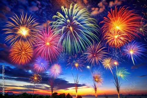 Vibrant Fireworks Exploding Against a Deep Blue Night Sky - Festive Holiday Celebration