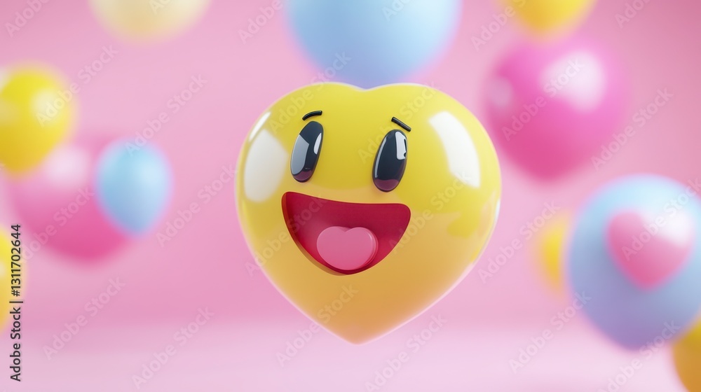 Fototapeta premium Joyful Yellow Heart Emoticon with Pastel Balloons on Pink Background