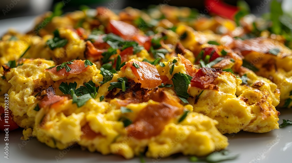 Tempting close-up of creamy paleo scrambled eggs garnished with fresh herbs on a white plate ready to be enjoyed Tempting close-up of creamy paleo scrambled eggs garnished with fresh herbs on a white plate ready to be enjoyed