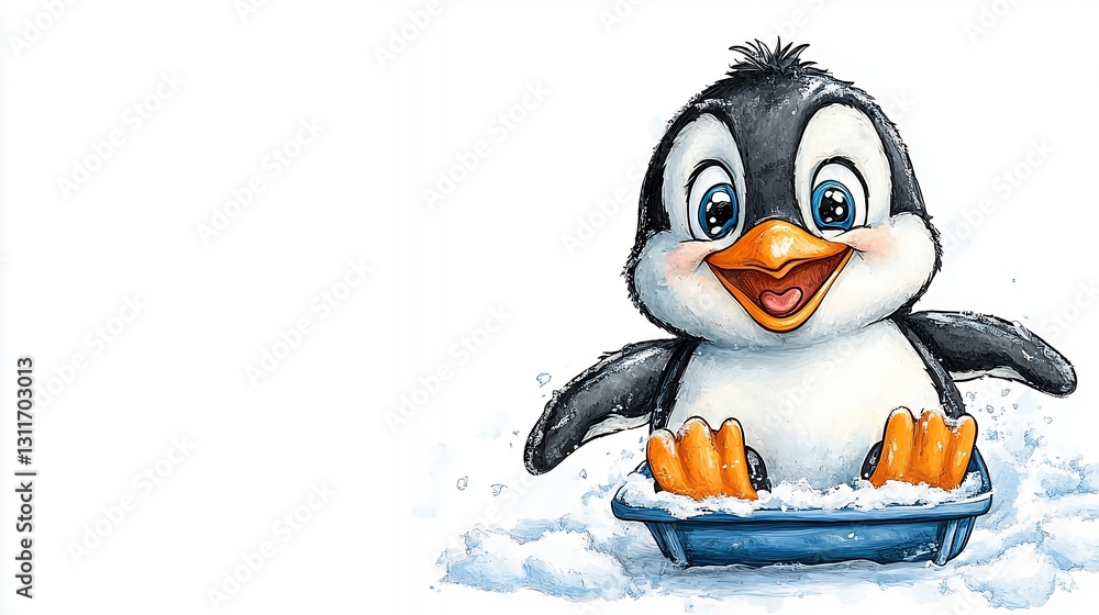 Obraz premium Playful Penguin Chick in a Blue Tub with White Foam on White Background