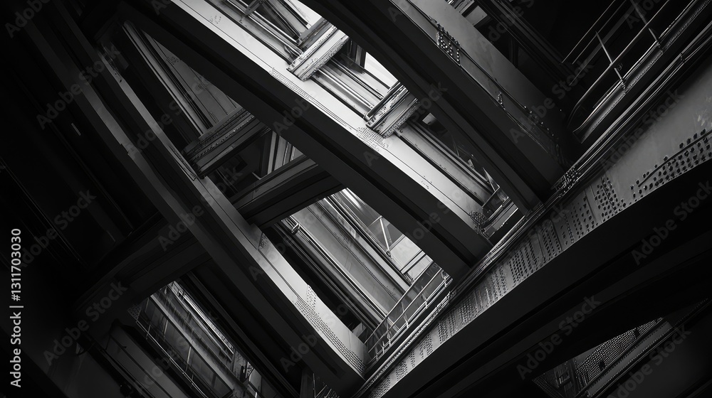 Metal bridge structure with strong lines and symmetry, creating an architectural industrial scene. Metal bridge structure with strong lines and symmetry, creating an architectural industrial scene.