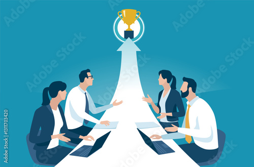 Goal. Discussing the path to the target. Vector illustration. 