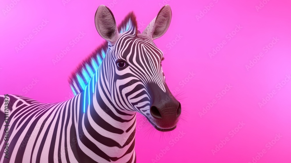 Stylized Zebra with Glowing Blue Stripes on Pink Background Stylized Zebra with Glowing Blue Stripes on Pink Background