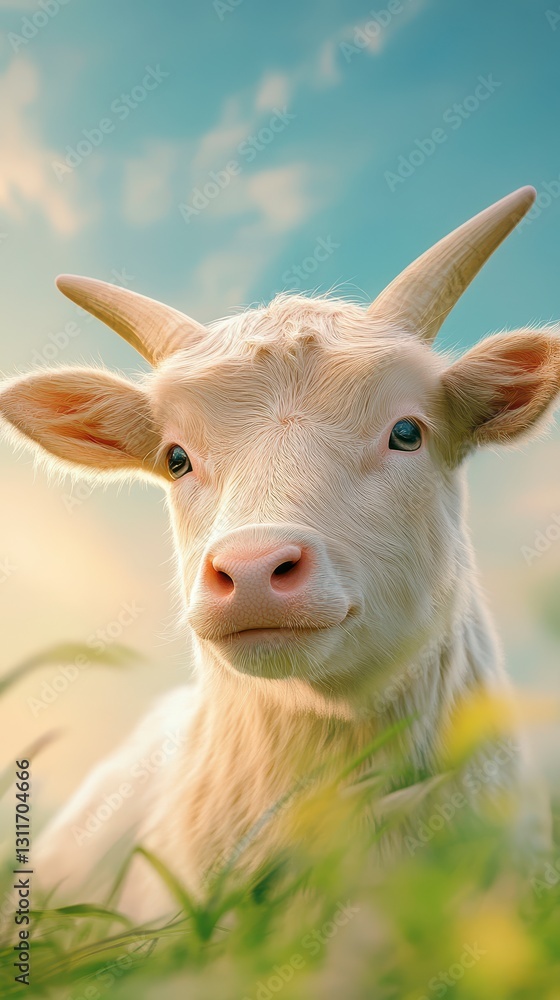 White Calf in Green Grass Under a Blue Sky White Calf in Green Grass Under a Blue Sky