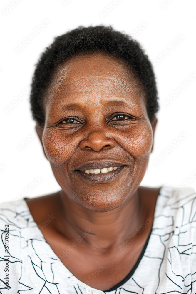 Obraz premium Portrait of a smiling middle-aged African woman with short hair, showcasing happiness and warmth, isolated on a white background, cheerful and friendly expression.