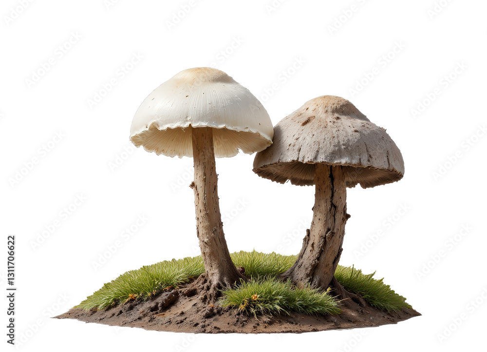 Two Mushrooms with Different Cap Colors on Grass Base Two Mushrooms with Different Cap Colors on Grass Base